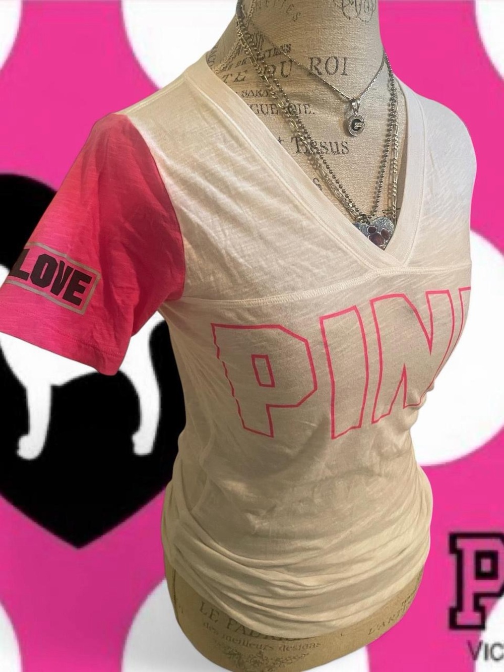 2015 Victoria’s Secret PINK • White / Pink V Neck Shirt • SIZE - SMALL